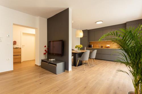 a living room with a kitchen and a dining room at Apartmaji Klavdija in Ljubljana