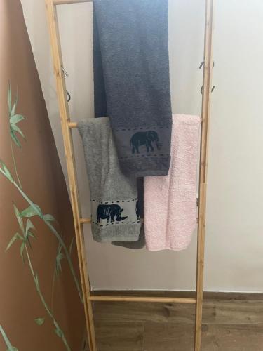 a towel rack with gray and pink towels at Janko's house in Maribor
