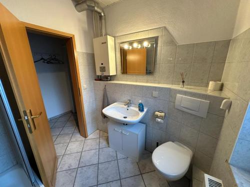 a bathroom with a toilet and a sink at Ferienwohnung Köppe in Lutherstadt Wittenberg