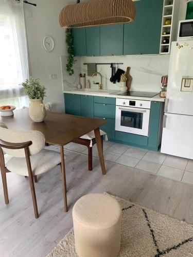 une cuisine avec des placards verts et une table en bois avec des chaises dans l'établissement Appartement cosy 2 pièces à Neuilly-sur-marne, à Neuilly-sur-Marne
