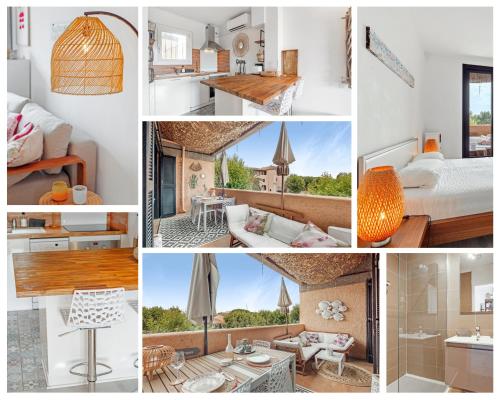 un collage de photos d'une chambre d'hôtel dans l'établissement EASY MARINES - proche plage, à Cogolin