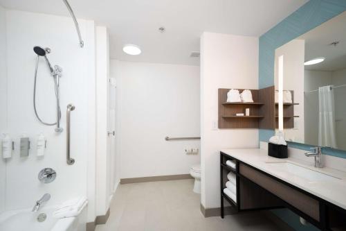 a bathroom with a sink and a shower and a toilet at Hilton Garden Inn Houston/Clear Lake NASA in Webster