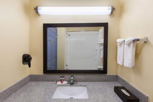 a bathroom with a sink and a mirror at Days Inn by Wyndham Baton Rouge Airport in Baton Rouge