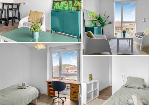 une chambre avec un lit, un bureau et une table dans l'établissement Appartement Elégant à Deux Pas du Capitole, à Toulouse