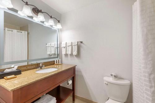a bathroom with a sink and a toilet and a mirror at Country Inn & Suites by Radisson, St Peters, MO in Saint Peters