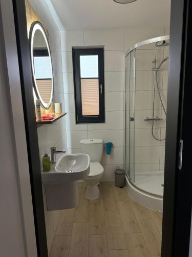 a bathroom with a toilet and a sink and a shower at Sielskie Wakacje in Prabuty
