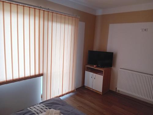 a bedroom with a bed and a television and a window at Casa Jazmin Covasna in Covasna