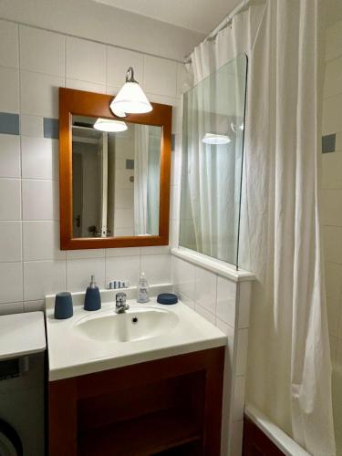 La salle de bains est pourvue d'un lavabo, d'un miroir et d'un rideau de douche. dans l'établissement Résidence Les Grands Pins - T2 avec piscine, à Carcans