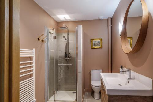 une salle de bain avec une douche, des toilettes et un lavabo dans l'établissement La cabane du pont du Douet, à Mazières-de-Touraine