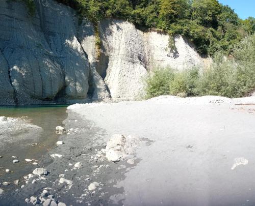 a beach with rocks and water and a mountain at Chambre avec lit 2 personnes in Ville-en-Sallaz