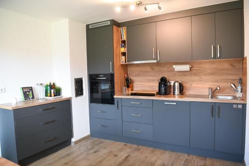 a kitchen with blue cabinets and a sink at Stilvolle Auszeit auf der schwäbischen Alb in Sonnenbühl