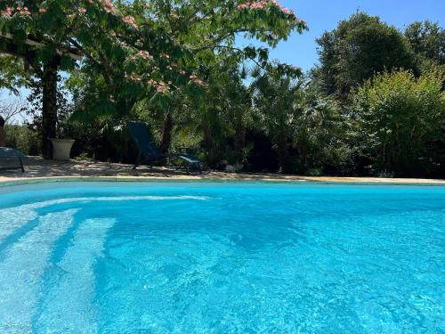 a swimming pool with blue water in a yard at Gite de La Rastelle au coeur de la nature in Savignac-de-Duras