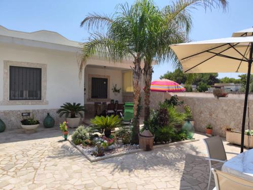 a patio with a palm tree and an umbrella at Villa Maria House in Torre rinalda