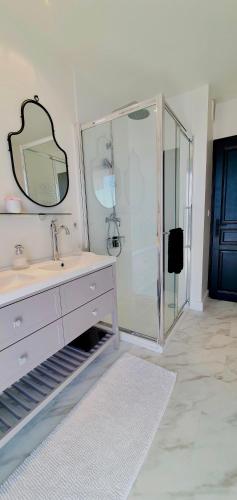 une salle de bain avec un lavabo et une douche avec un miroir dans l'établissement Paradise view, à Villefranche-sur-Mer