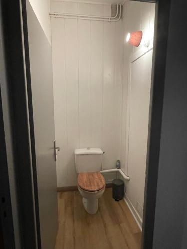 a small bathroom with a toilet with a wooden seat at Gîte en bord de lac in Monsireigne