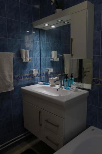 a bathroom with a sink and a mirror at Maison bleue in Dar Salah Bey