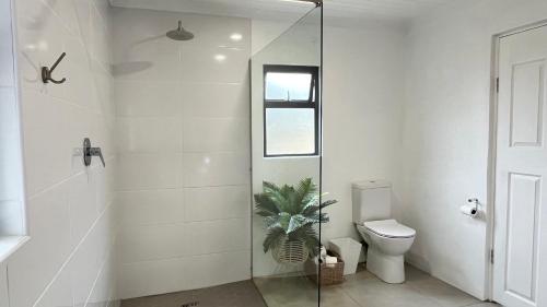 baño con ducha, aseo y ventana en Garden Suite, Hilton Accommodation, en Hilton