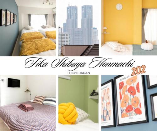 a collage of pictures of a hotel room at FIKA Shibuya Honmachi 202 in Tokyo