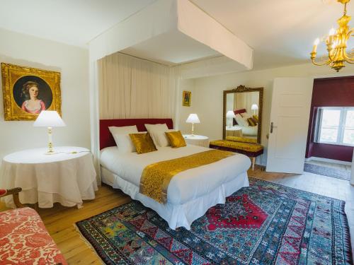 une chambre avec un grand lit et un miroir dans l'établissement Vivez la vie de Chateau aux portes de Bordeaux, à Saint-Sulpice-et-Cameyrac