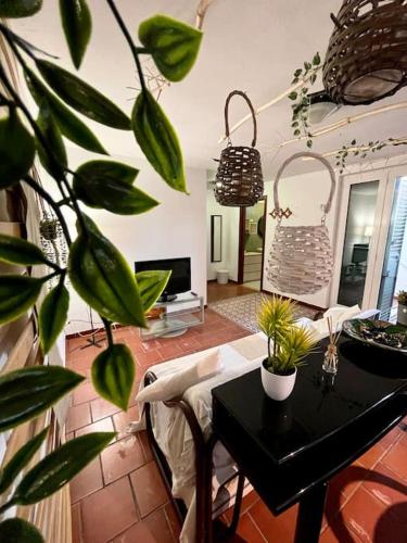 a living room with a table and a plant at Casa in campagna vicino Polignano A Mare - EKATOS in Triggianello