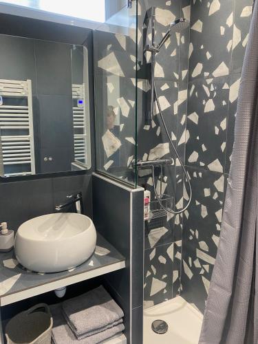 une salle de bain avec une douche avec des toilettes et un lavabo dans l'établissement Studio confortable, à Pantin