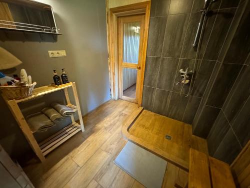 an overhead view of a bathroom with a shower at Brīvdienu māja Straumēni in Pāle
