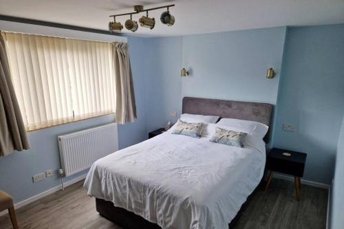 a bedroom with a large bed with blue walls at Unique 2BD Apartment Folkestone Harbour in Kent