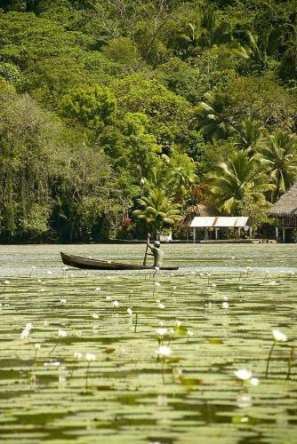 a person in a boat on a body of water at Tortugal Boutique River Lodge in Rio Dulce
