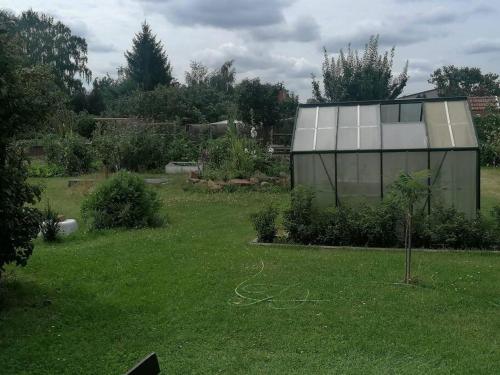 a garden with a glass house in the yard at Ferienwohnung im Gartenhaus in Kelbra