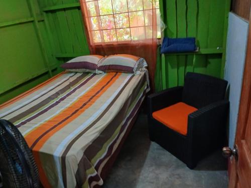 a bed and a chair in a room with green walls at Casa Osa Bella John's house in Agujas