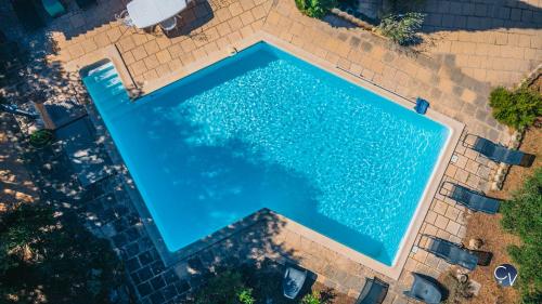 an overhead view of a large blue swimming pool at Les Baragnasses in Saint-Siffret