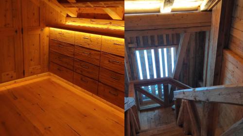an empty room with a window in a wooden cabin at Standalone Chalet With Breathtaking Sanetsch View in Gsteig