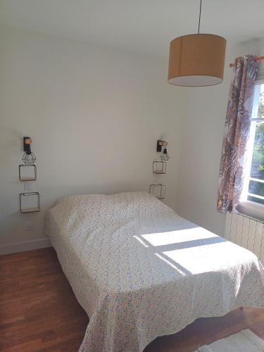 une chambre avec un lit avec une couverture dessus dans l'établissement Maison Mela, à Saumur