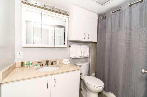 a bathroom with a toilet and a sink and a shower at Serene Apt Downtown in Stamford