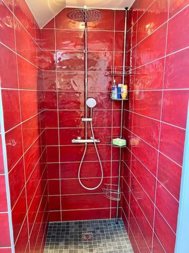 a red tiled bathroom with a shower with a hose at Longère 12 couchages Ploubalay in Ploubalay
