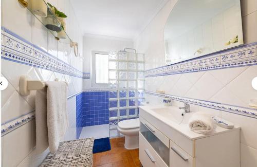 niebiesko-biała łazienka z toaletą i umywalką w obiekcie Chalet con piscina privada Cortijo Indalo VTAR/AL/00447 w mieście Pechina