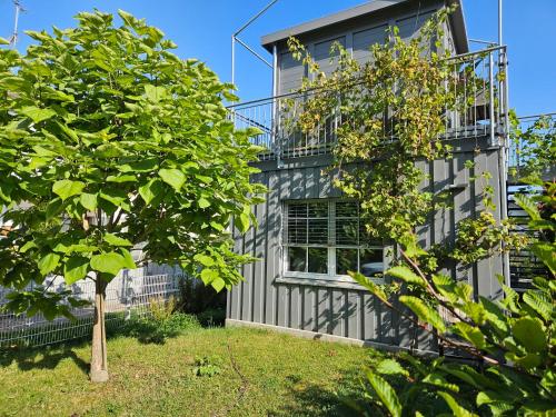 a house with a tree in front of it at Haus zur Aach Tinyhouse in Uhldingen-Mühlhofen