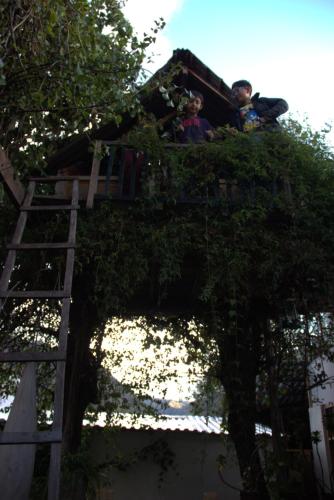 two people sitting on top of a tree house at Casa Jazmín Hospedaje Familiar Eco Amigable - Huayoccari, Sacred Valley in Huayoccare