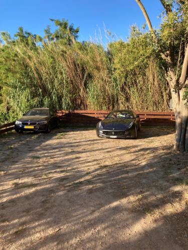 two cars parked on a dirt road next to a fence at Chambres d'hôtes la Soulenque Luxury B & B in Capestang