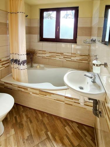 a bathroom with a tub and a sink and a toilet at Chata Sandra in Lipno nad Vltavou