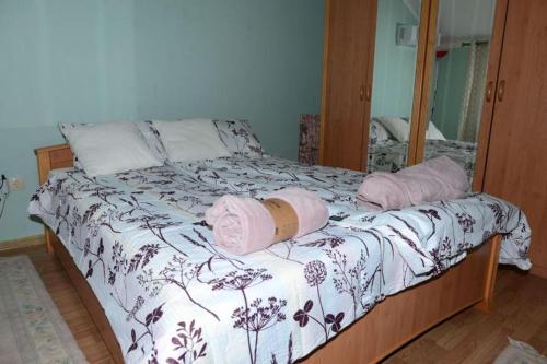 a bed with two pink pillows and a mirror at Prijatan odmor u Bijeljini in Bijeljina