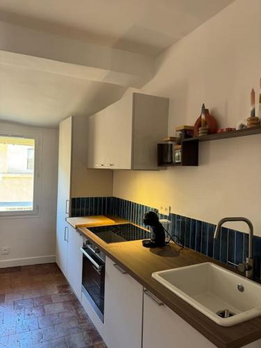 une cuisine avec un évier et un plan de travail dans l'établissement Design T2 Climatisation Coeur Centre Ville Cours MIrabeau, à Aix-en-Provence