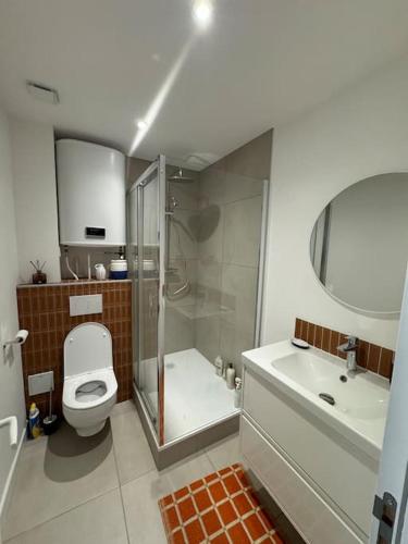 une salle de bain avec une douche, des toilettes et un lavabo dans l'établissement Design T2 Climatisation Coeur Centre Ville Cours MIrabeau, à Aix-en-Provence