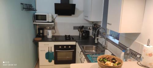 a small kitchen with a sink and a microwave at Ti kaz a fredo in Port-Louis