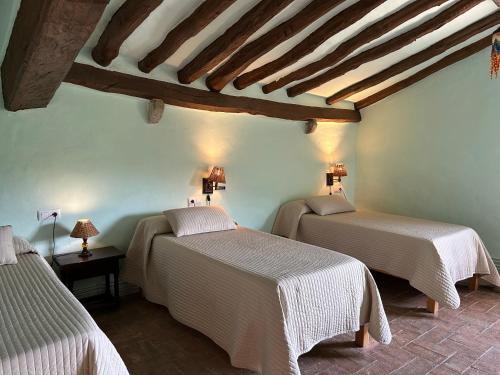 two beds in a room with a ceiling with beams at Masia d'Els Plans in Vidrá