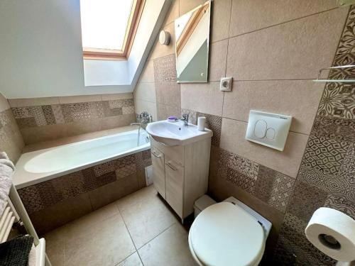 a bathroom with a toilet and a sink and a tub at Casa curte interioara, centru in Cluj-Napoca