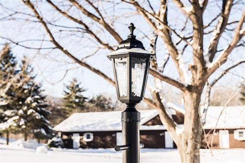 a street light with snow on top of it at Manchester View in Manchester