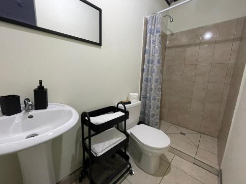 a bathroom with a sink and a toilet and a shower at La 10a de Las Charcas in Guatemala