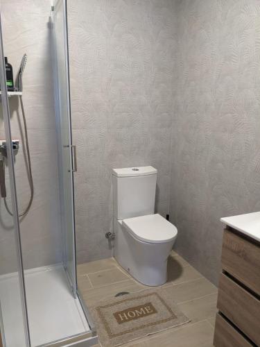 a bathroom with a toilet and a shower at T2 na Praia da Costa Nova - Yellow Door in Costa Nova
