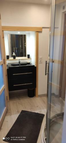 une salle de bain avec un lavabo et un miroir dans l'établissement Une maison Savoyarde à Orelle accès Val Thorens, à Orelle